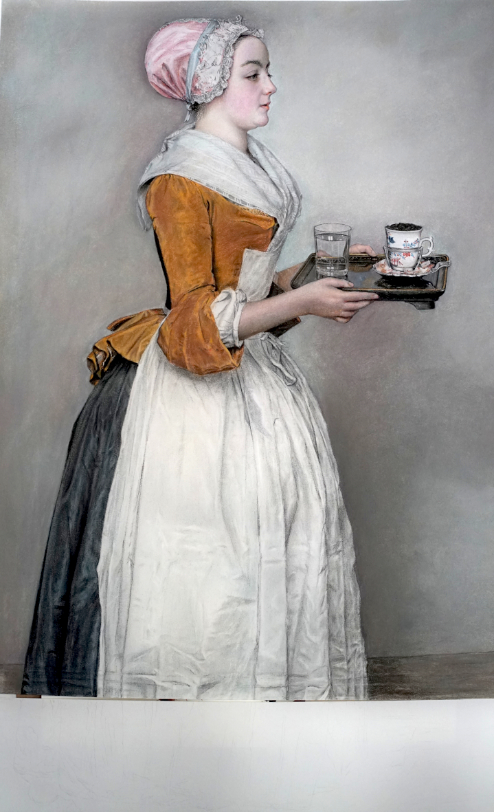 Das Schokoladenmädchen
(nach Jean-Étienne Liotard um 1744)
2024
Pastellkreide auf Papier, mit Nadel geritztes Papier, 52,5 x 83cm  Zerteillt
Verborgenes Werk
2024
Zeichnung/Mixed Media, 30 x 39cm
